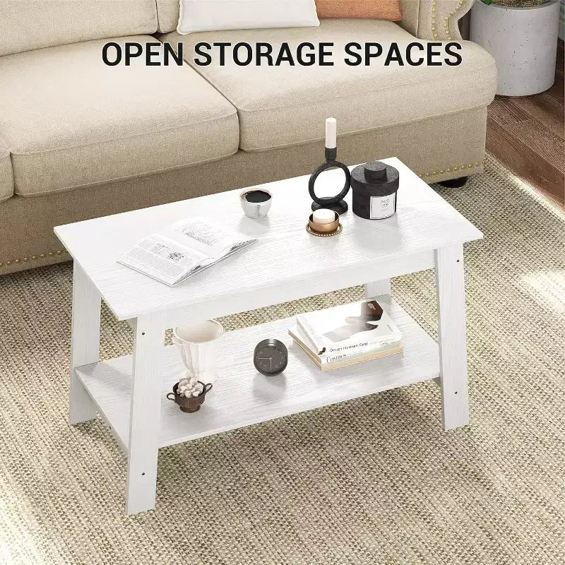 Modern Farmhouse Coffee Table with Storage Shelf, 2-Tier Rectangular Wood Center Table for Living Room & Home Office