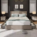 Queen Platform Bed with 4 Drawers - Corduroy Tufted Headboard, Wood Slats, No Box Spring, Brown