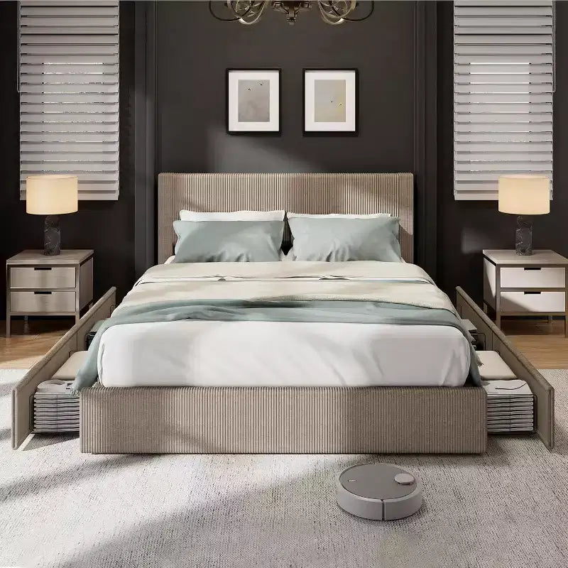 Queen Platform Bed with 4 Drawers - Corduroy Tufted Headboard, Wood Slats, No Box Spring, Brown