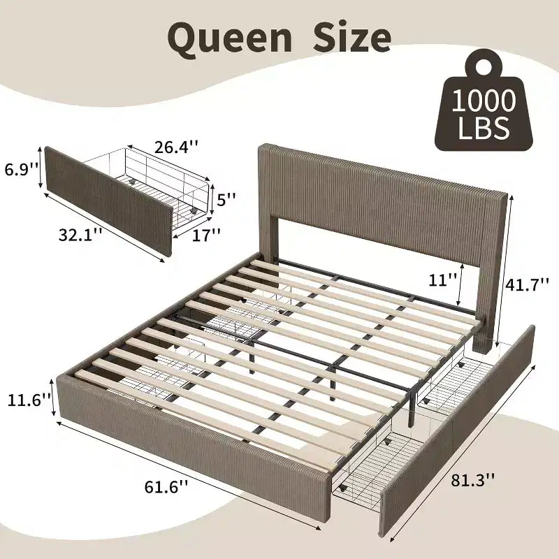 Queen Platform Bed with 4 Storage Drawers, Corduroy Tufted Headboard, Wood Slats, No Box Spring Needed, Brown