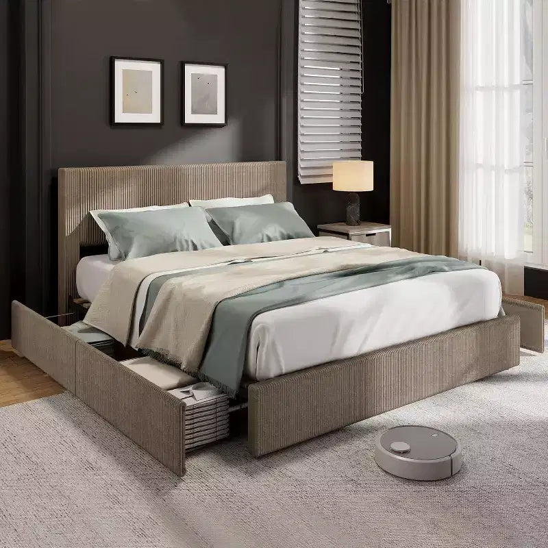 Queen Platform Bed with 4 Storage Drawers, Corduroy Tufted Headboard, Wood Slats, No Box Spring Needed, Brown