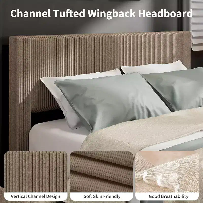 Queen Platform Bed with 4 Storage Drawers, Corduroy Tufted Headboard, Wood Slats, No Box Spring Needed, Brown