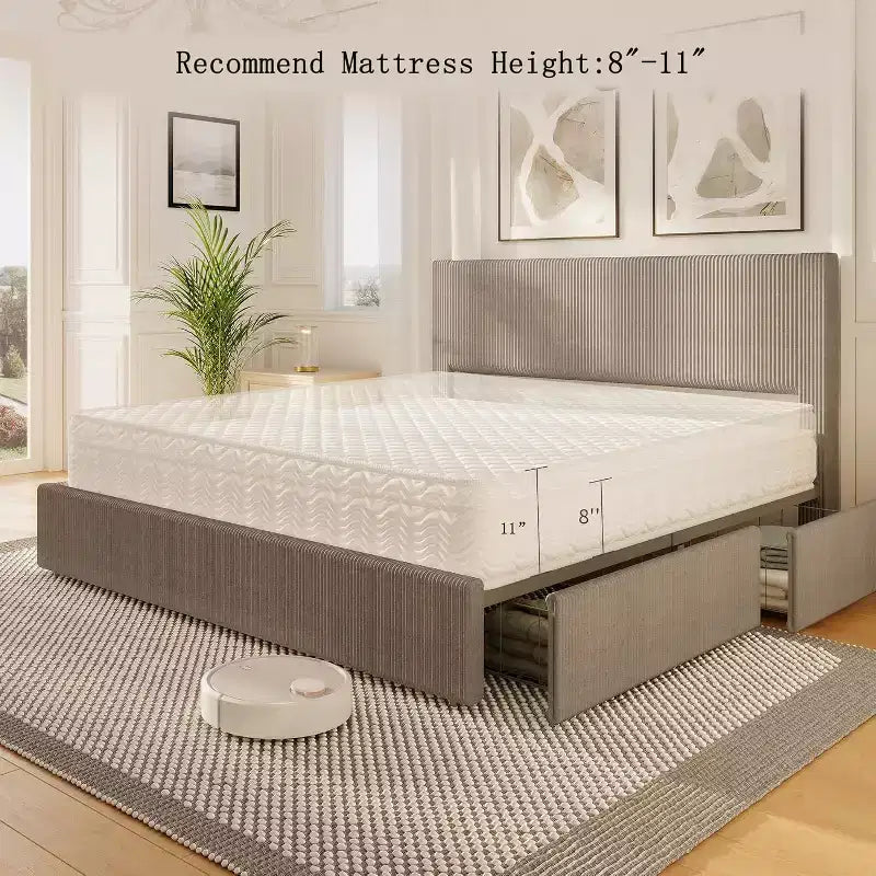 Queen Platform Bed with 4 Storage Drawers, Corduroy Tufted Headboard, Wood Slats, No Box Spring Needed, Brown