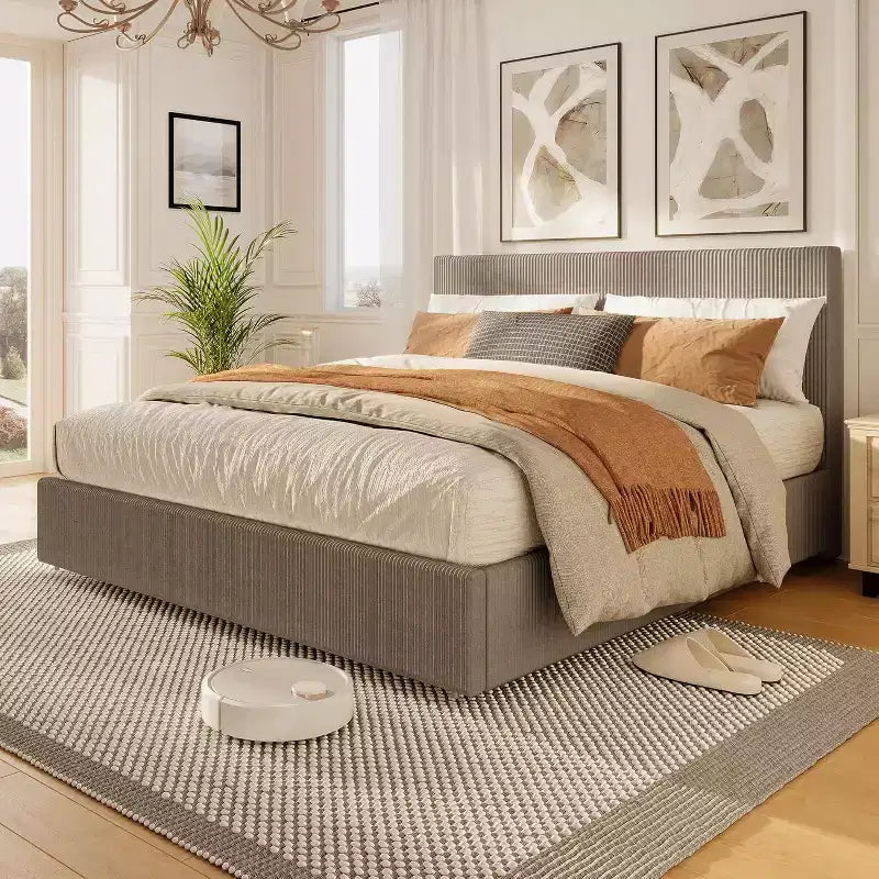 Queen Platform Bed with 4 Storage Drawers, Corduroy Tufted Headboard, Wood Slats, No Box Spring Needed, Brown