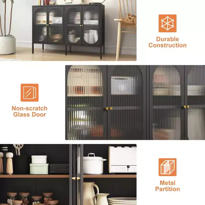 Tall Buffet Cabinet with Glass Doors & Adjustable Shelves, Sideboard Pantry Cupboard for Kitchen & Dining Room