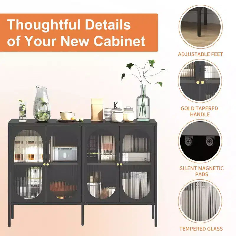 Tall Buffet Cabinet with Glass Doors & Adjustable Shelves, Sideboard Pantry Cupboard for Kitchen & Dining Room