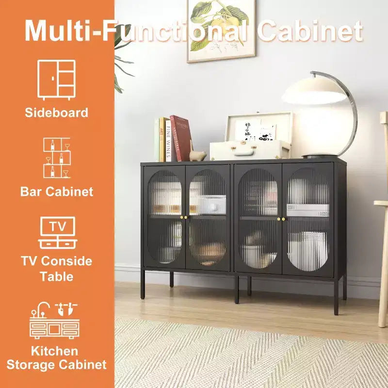 Tall Buffet Cabinet with Glass Doors & Adjustable Shelves, Sideboard Pantry Cupboard for Kitchen & Dining Room