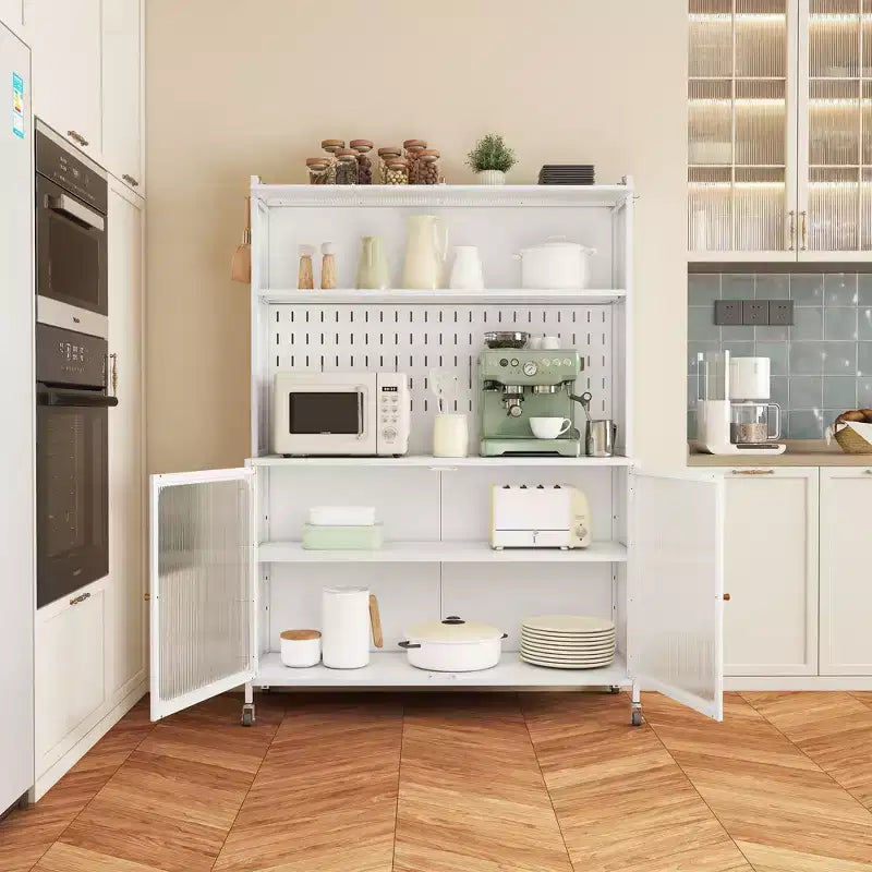 Tall Buffet Cabinet with Glass Doors & Adjustable Shelves, Sideboard Pantry Cupboard for Kitchen & Dining Room