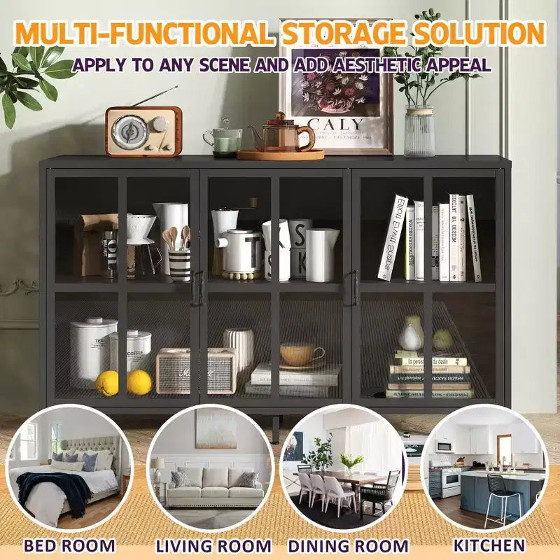 Tall Buffet Cabinet with Glass Doors & Adjustable Shelves, Sideboard Pantry Cupboard for Kitchen & Dining Room