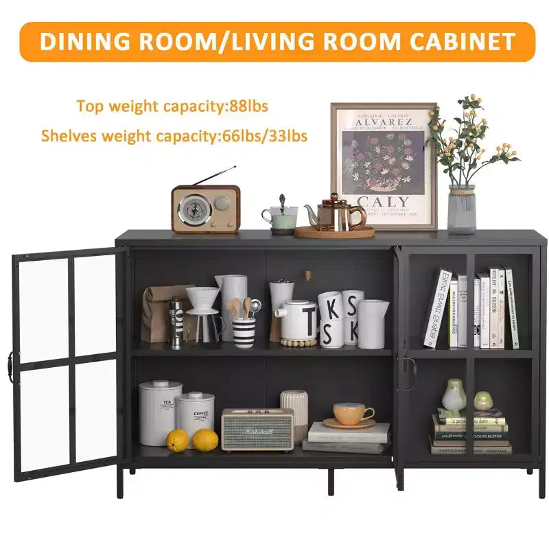 Tall Buffet Cabinet with Glass Doors & Adjustable Shelves, Sideboard Pantry Cupboard for Kitchen & Dining Room