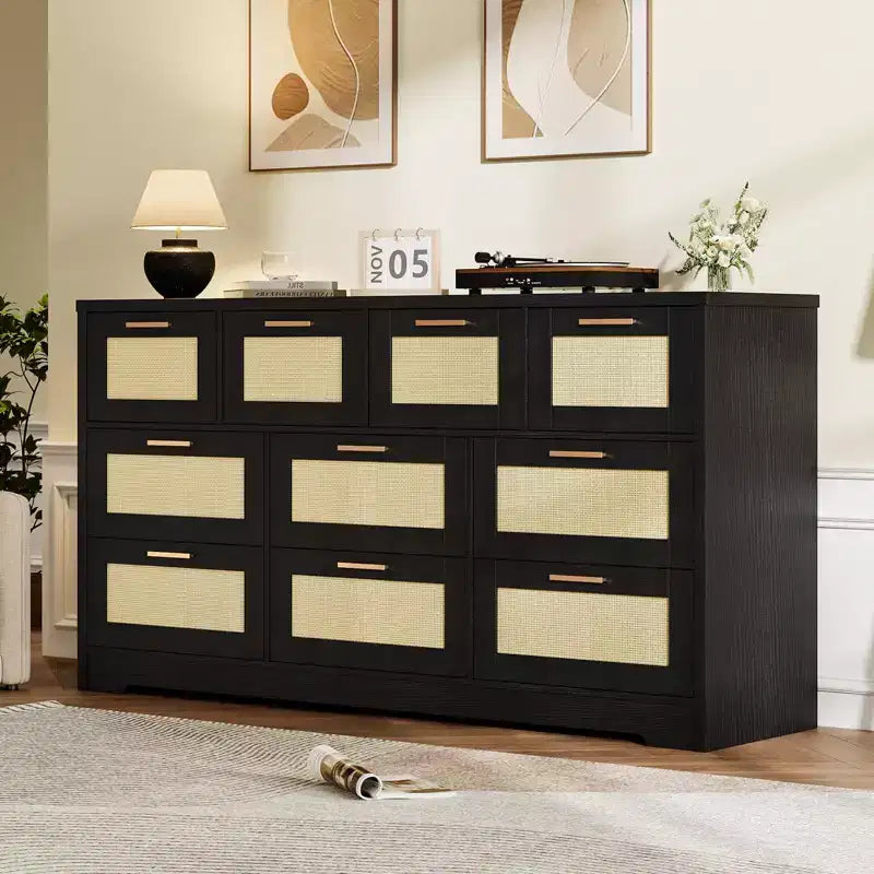 10-Drawer Rattan Dresser & TV Stand, 60" Wide Wooden Console with Stylish Handles for Bedroom, Living Room & Hallway