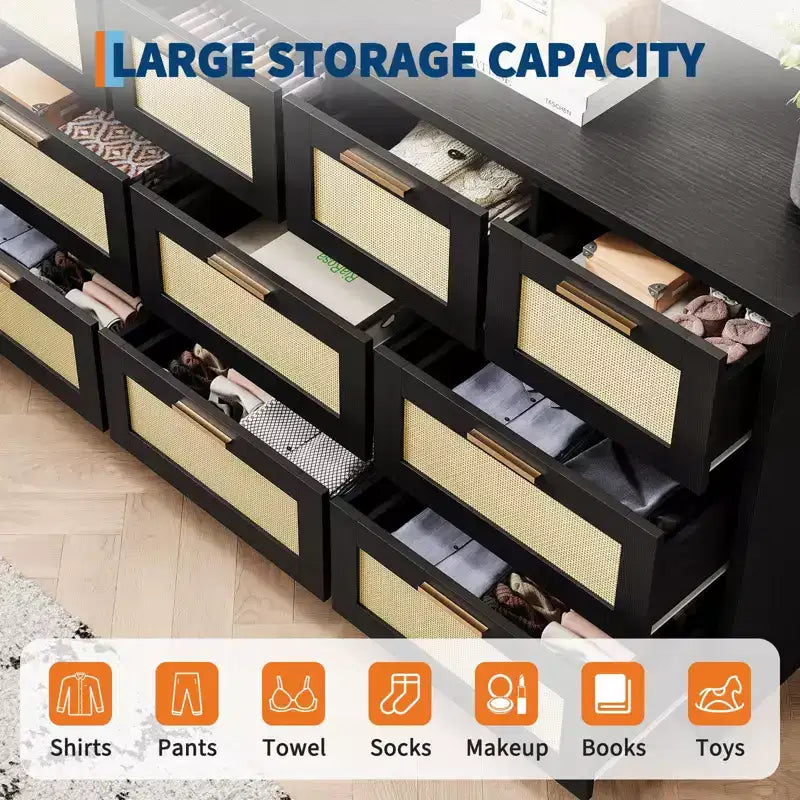 10-Drawer Rattan Dresser & TV Stand, 60" Wide Wooden Console with Stylish Handles for Bedroom, Living Room & Hallway