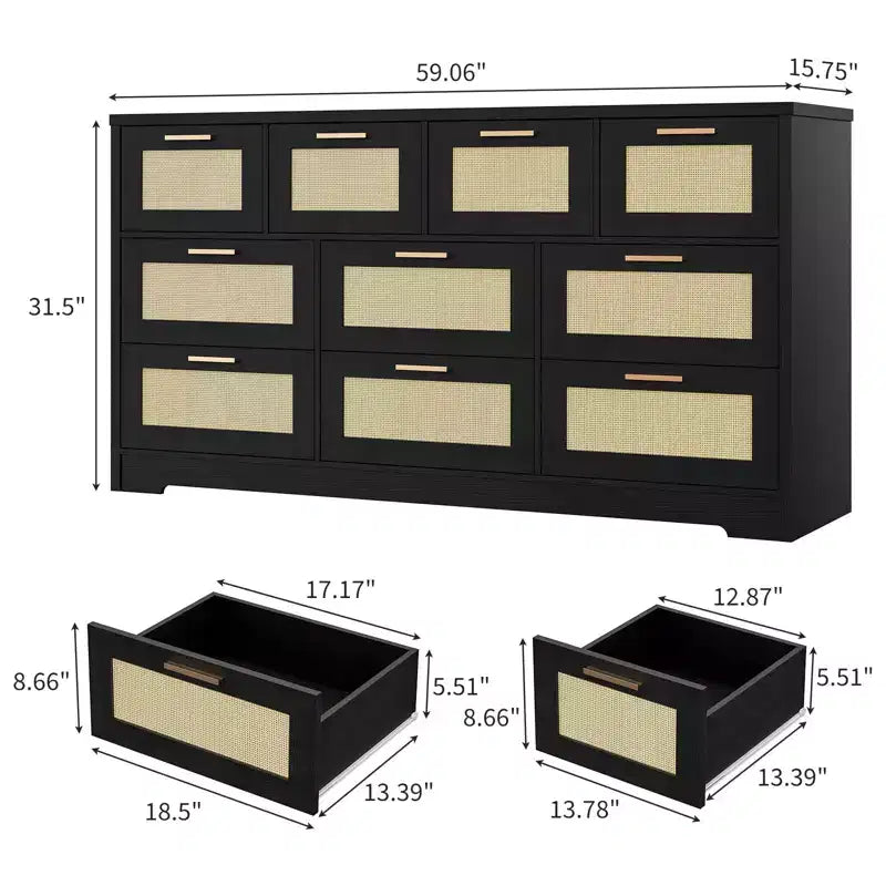 10-Drawer Rattan Dresser & TV Stand, 60" Wide Wooden Console with Stylish Handles for Bedroom, Living Room & Hallway