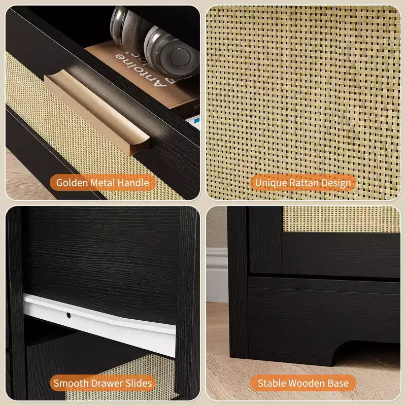 10-Drawer Rattan Dresser & TV Stand, 60" Wide Wooden Console with Stylish Handles for Bedroom, Living Room & Hallway