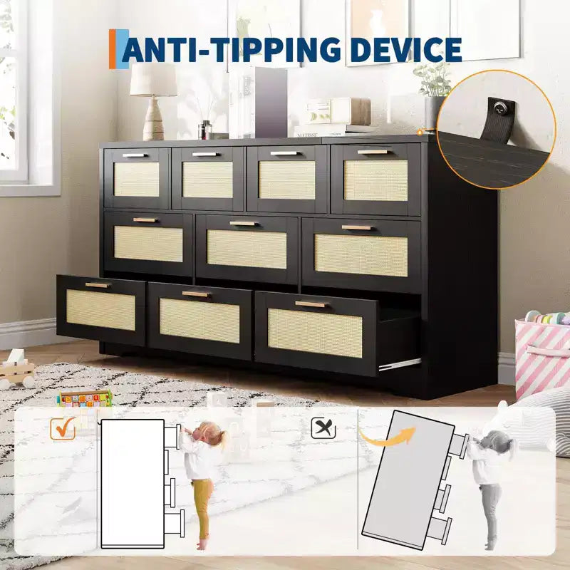 10-Drawer Rattan Dresser & TV Stand, 60" Wide Wooden Console with Stylish Handles for Bedroom, Living Room & Hallway