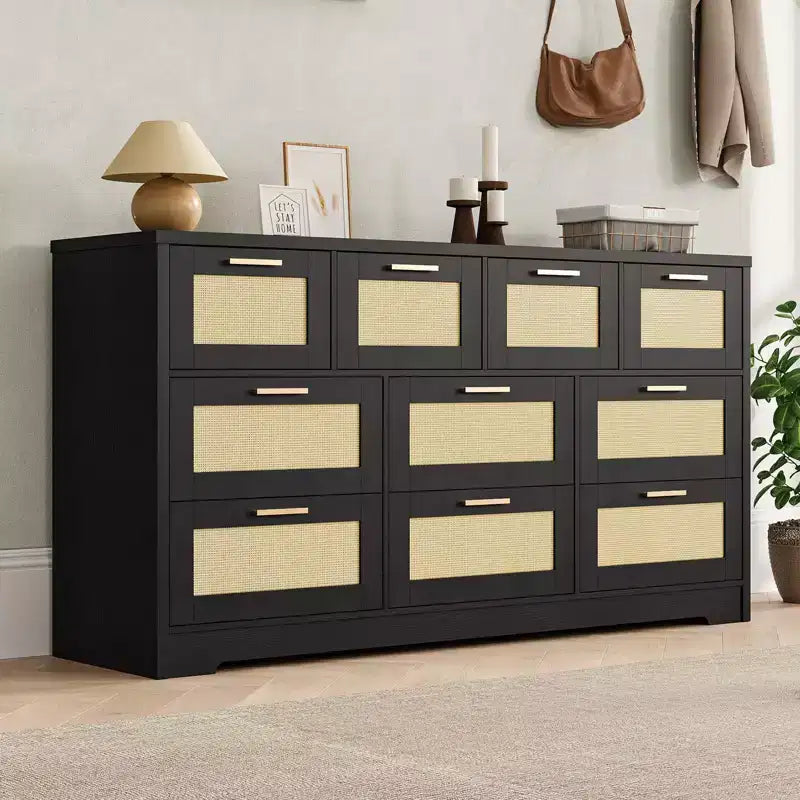 10-Drawer Rattan Dresser & TV Stand, 60" Wide Wooden Console with Stylish Handles for Bedroom, Living Room & Hallway