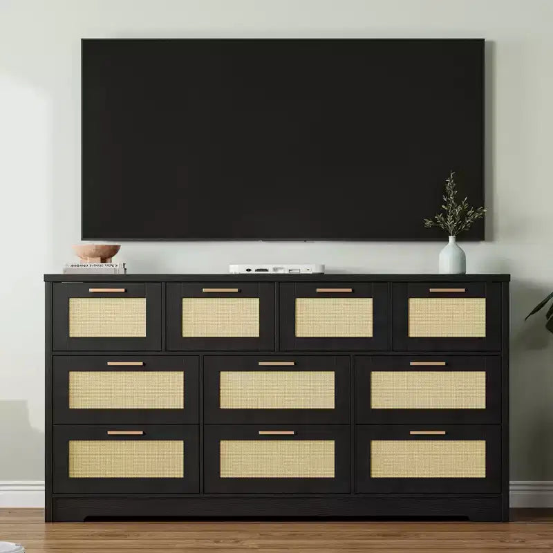 10-Drawer Rattan Dresser & TV Stand, 60" Wide Wooden Console with Stylish Handles for Bedroom, Living Room & Hallway