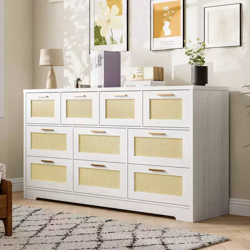 10-Drawer Rattan Dresser & TV Stand, 60" Wide Wooden Console with Stylish Handles for Bedroom, Living Room & Hallway