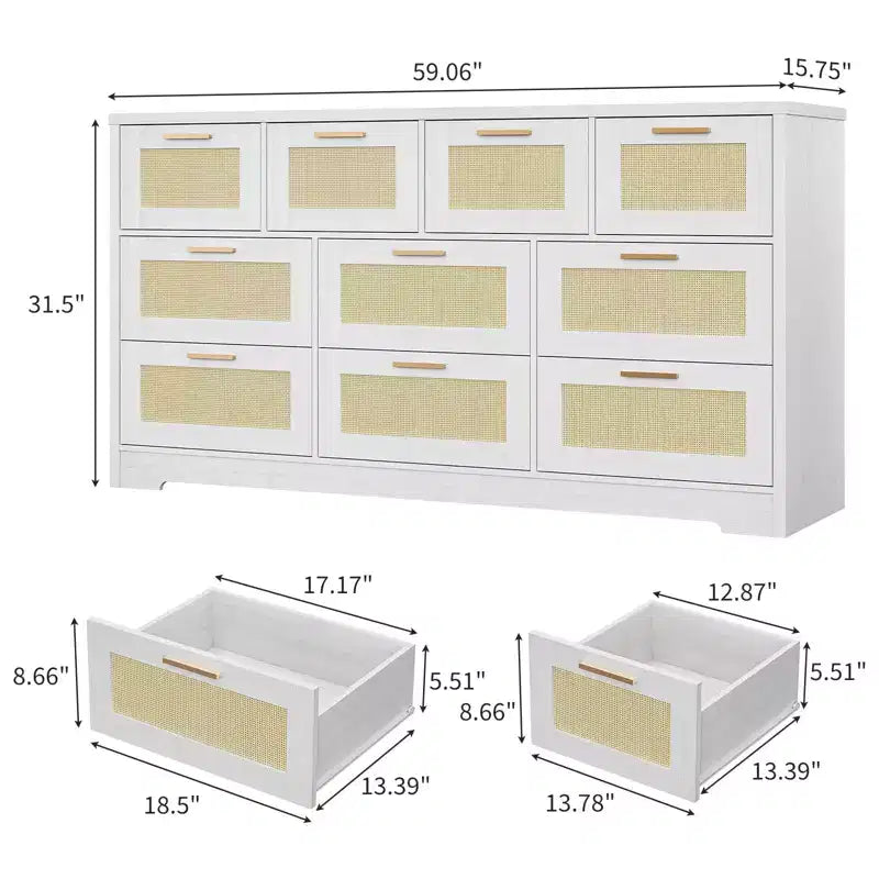 10-Drawer Rattan Dresser & TV Stand, 60" Wide Wooden Console with Stylish Handles for Bedroom, Living Room & Hallway