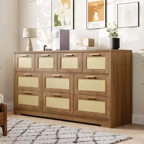 10-Drawer Rattan Dresser & TV Stand, 60" Wide Wooden Console with Stylish Handles for Bedroom, Living Room & Hallway