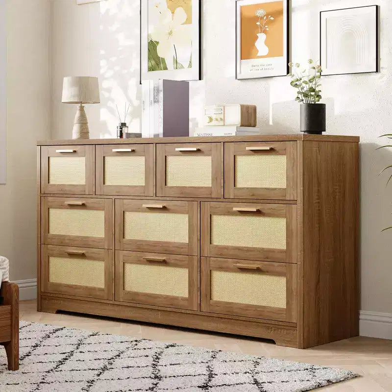 Commode et meuble TV en rotin à 10 tiroirs, console en bois de 152 cm de large avec poignées élégantes pour chambre à coucher, salon et couloir