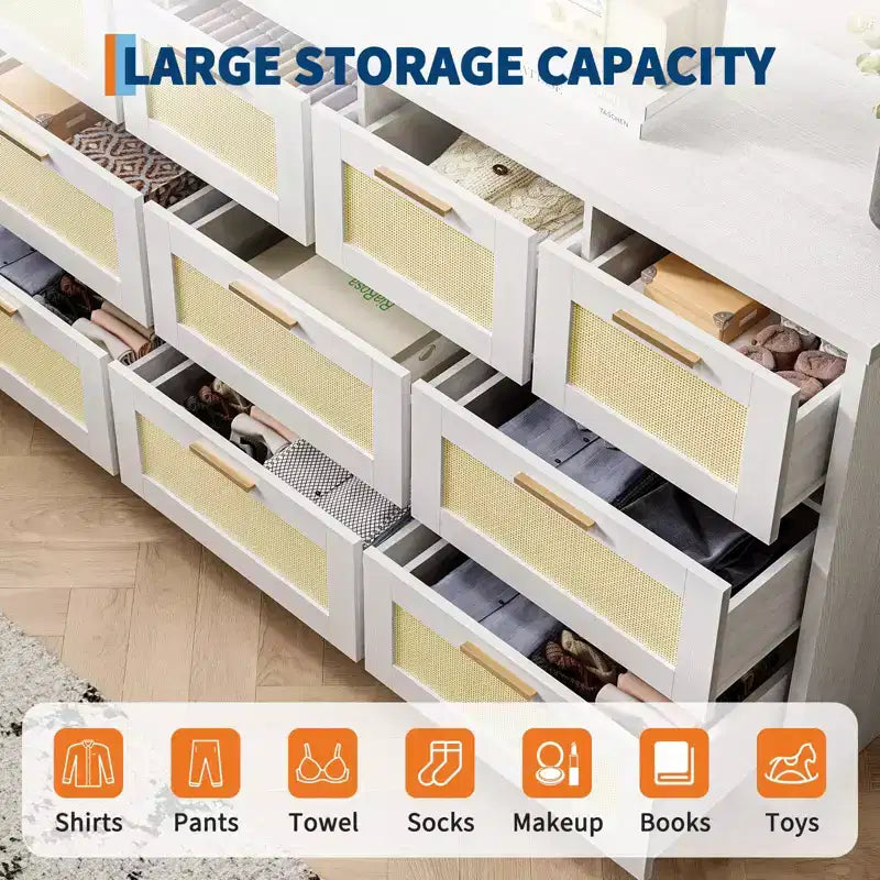 10-Drawer Rattan Dresser & TV Stand, 60" Wide Wooden Console with Stylish Handles for Bedroom, Living Room & Hallway