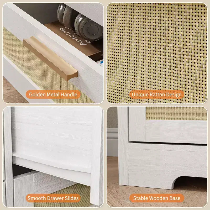 10-Drawer Rattan Dresser & TV Stand, 60" Wide Wooden Console with Stylish Handles for Bedroom, Living Room & Hallway