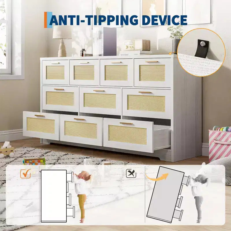 10-Drawer Rattan Dresser & TV Stand, 60" Wide Wooden Console with Stylish Handles for Bedroom, Living Room & Hallway