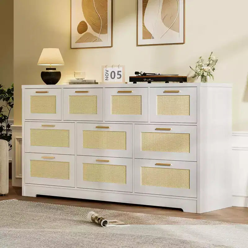 10-Drawer Rattan Dresser & TV Stand, 60" Wide Wooden Console with Stylish Handles for Bedroom, Living Room & Hallway