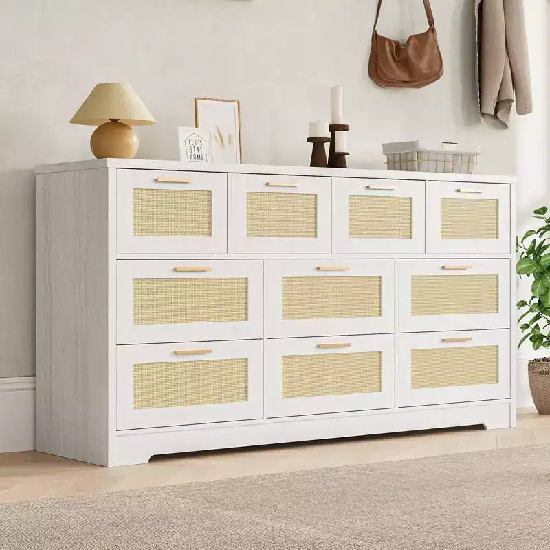 10-Drawer Rattan Dresser & TV Stand, 60" Wide Wooden Console with Stylish Handles for Bedroom, Living Room & Hallway