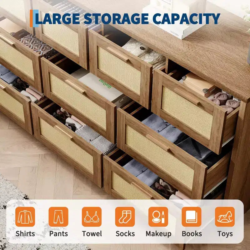 10-Drawer Rattan Dresser & TV Stand, 60" Wide Wooden Console with Stylish Handles for Bedroom, Living Room & Hallway