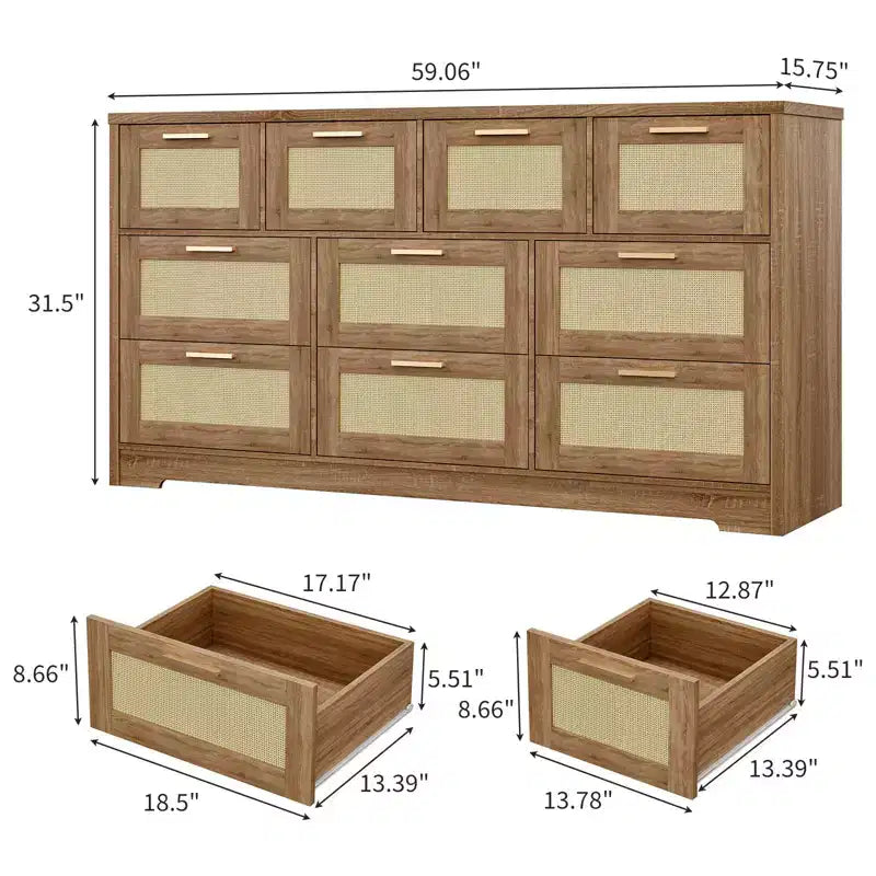 10-Drawer Rattan Dresser & TV Stand, 60" Wide Wooden Console with Stylish Handles for Bedroom, Living Room & Hallway