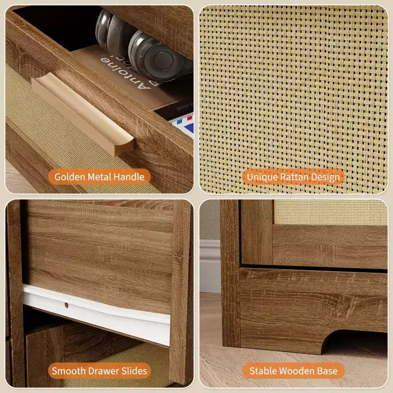 10-Drawer Rattan Dresser & TV Stand, 60" Wide Wooden Console with Stylish Handles for Bedroom, Living Room & Hallway