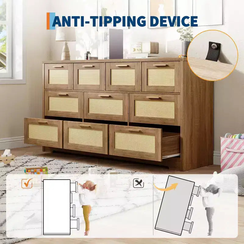 10-Drawer Rattan Dresser & TV Stand, 60" Wide Wooden Console with Stylish Handles for Bedroom, Living Room & Hallway