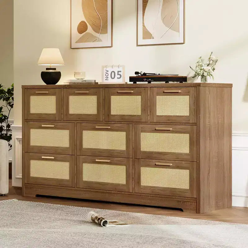 10-Drawer Rattan Dresser & TV Stand, 60" Wide Wooden Console with Stylish Handles for Bedroom, Living Room & Hallway