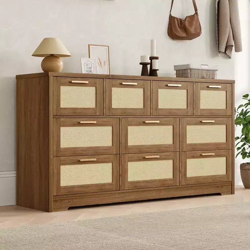 10-Drawer Rattan Dresser & TV Stand, 60" Wide Wooden Console with Stylish Handles for Bedroom, Living Room & Hallway