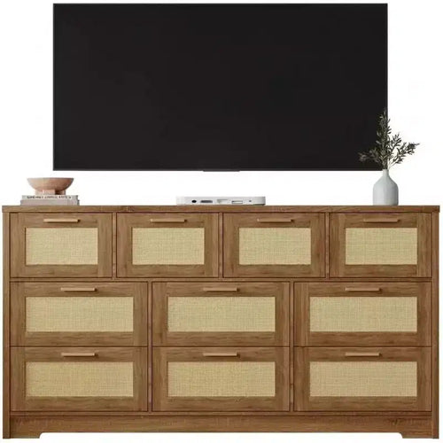 10-Drawer Rattan Dresser 60 x 16 x 32 Wooden TV Stand Ample Tabletop Stylish Handles for Bedroom Living Room Hallway