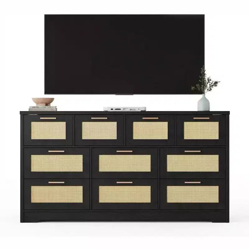 10-Drawer Rattan Dresser & TV Stand, 60" Wide Wooden Console with Stylish Handles for Bedroom, Living Room & Hallway