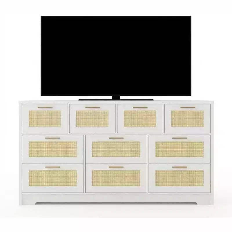 10-Drawer Rattan Dresser & TV Stand, 60" Wide Wooden Console with Stylish Handles for Bedroom, Living Room & Hallway