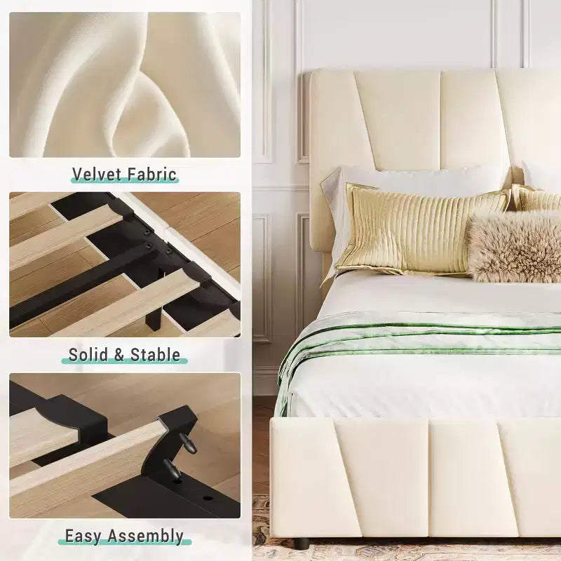 Twin Bed Frame with Adjustable Headboard, 2 Storage Drawers, Velvet Tufted Platform, Wood Slats, No Box Spring Needed