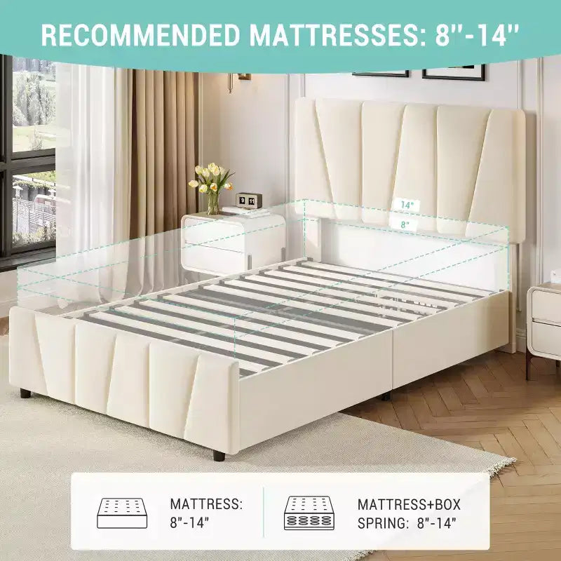 Twin Bed Frame with Adjustable Headboard, 2 Storage Drawers, Velvet Tufted Platform, Wood Slats, No Box Spring Needed