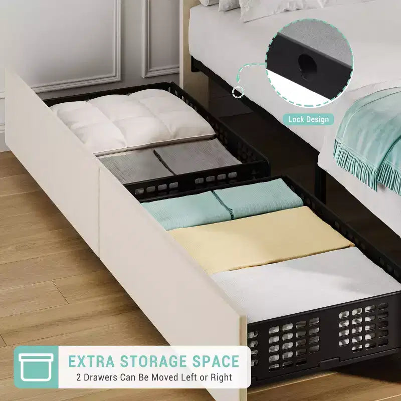 Twin Bed Frame with Adjustable Headboard, 2 Storage Drawers, Velvet Tufted Platform, Wood Slats, No Box Spring Needed