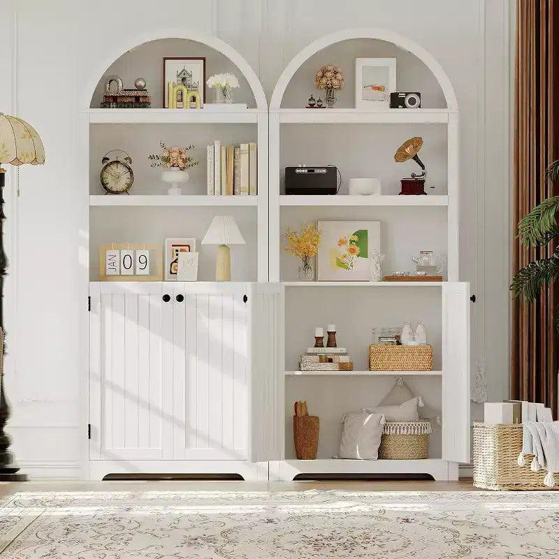 71.65" Tall Arched 5-Tier Bookcase with Double Doors & Adjustable Shelf, Modern Wood Storage Cabinet for Living Room, Bedroom, Home Office