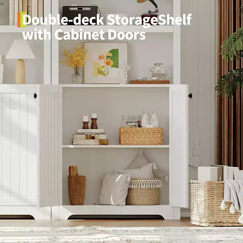 71.65" Tall Arched 5-Tier Bookcase with Double Doors & Adjustable Shelf, Modern Wood Storage Cabinet for Living Room, Bedroom, Home Office