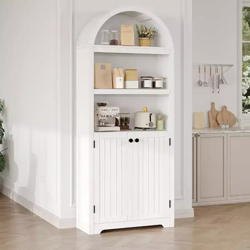 71.65" Tall Arched 5-Tier Bookcase with Double Doors & Adjustable Shelf, Modern Wood Storage Cabinet for Living Room, Bedroom, Home Office