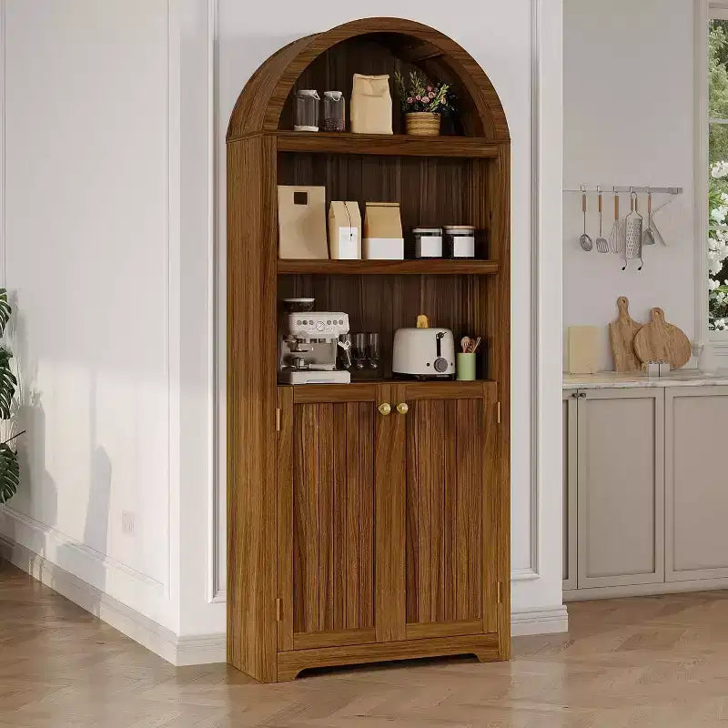 71.65" Tall Arched 5-Tier Bookcase with Double Doors & Adjustable Shelf, Modern Wood Storage Cabinet for Living Room, Bedroom, Home Office