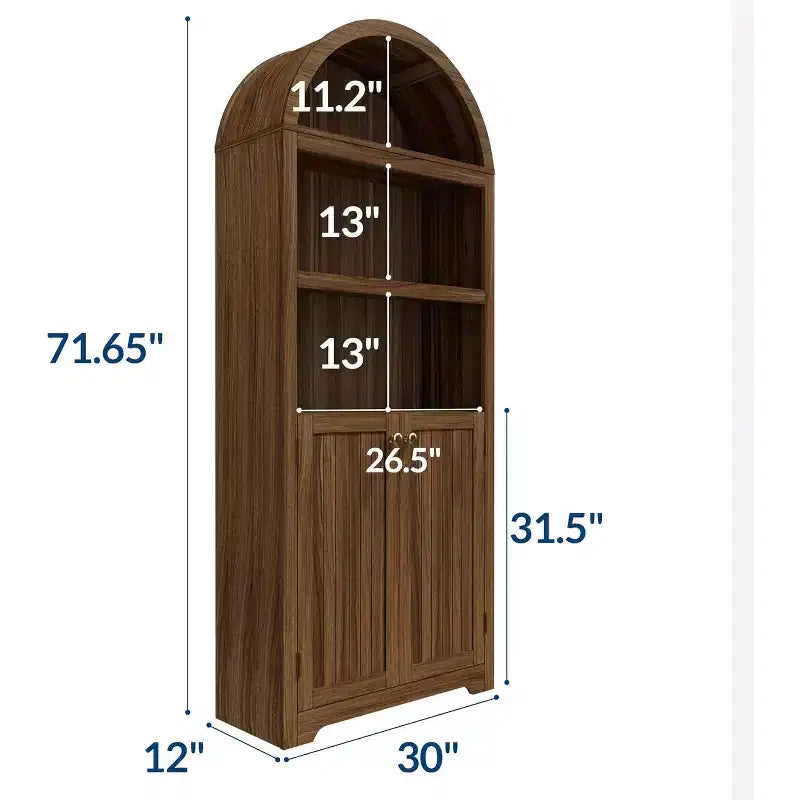 71.65" Tall Arched 5-Tier Bookcase with Double Doors & Adjustable Shelf, Modern Wood Storage Cabinet for Living Room, Bedroom, Home Office