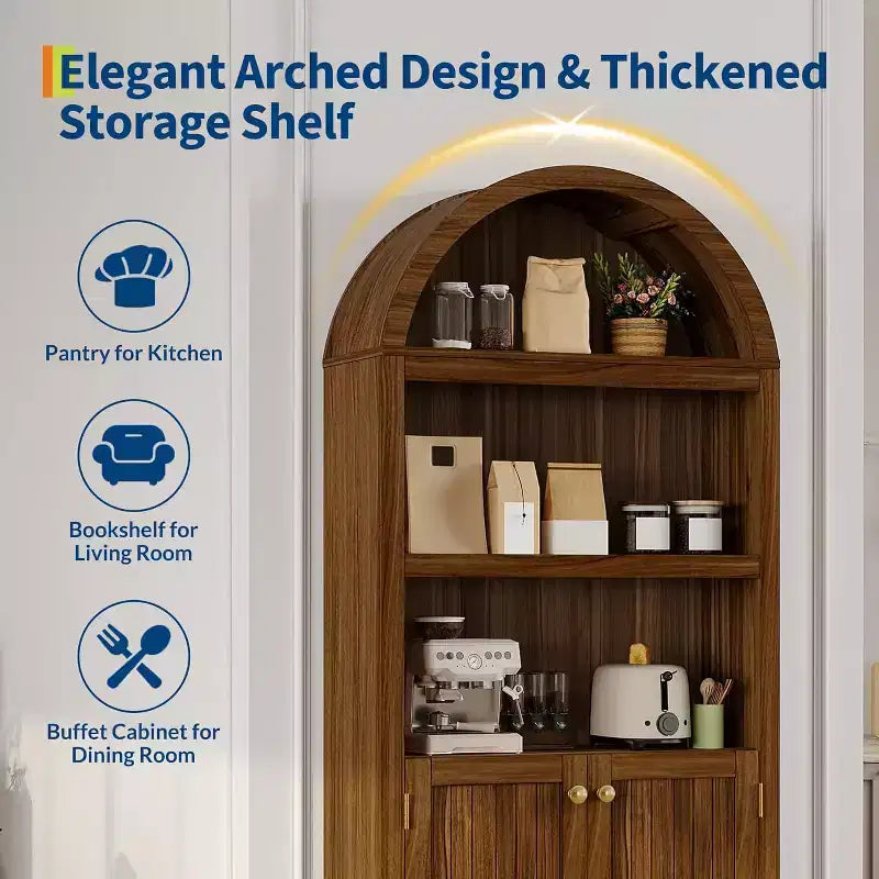 71.65" Tall Arched 5-Tier Bookcase with Double Doors & Adjustable Shelf, Modern Wood Storage Cabinet for Living Room, Bedroom, Home Office