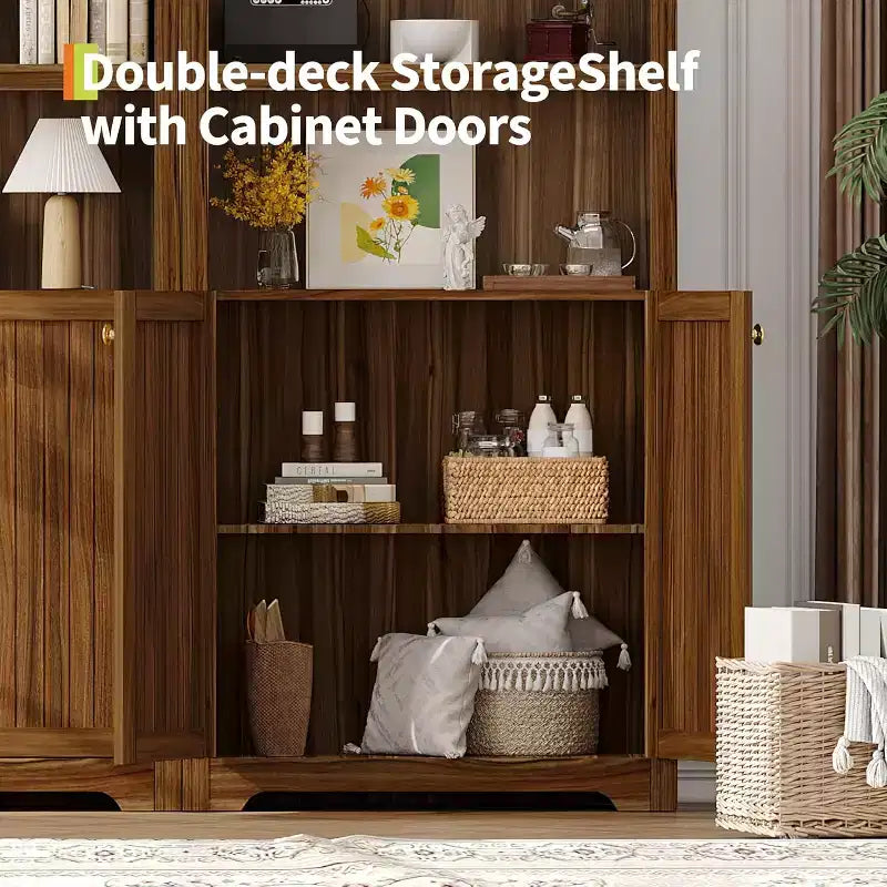 71.65" Tall Arched 5-Tier Bookcase with Double Doors & Adjustable Shelf, Modern Wood Storage Cabinet for Living Room, Bedroom, Home Office