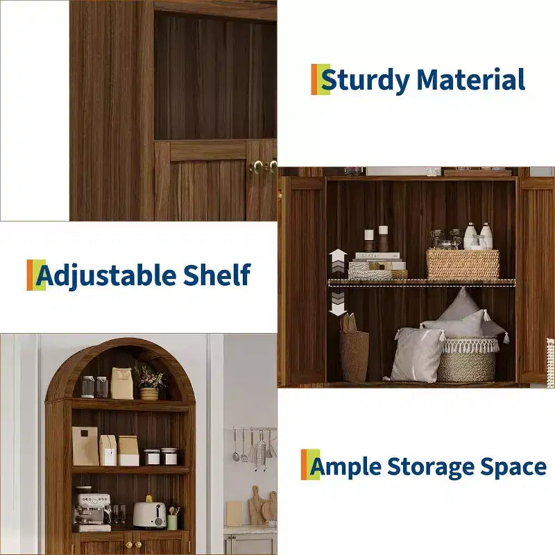 71.65" Tall Arched 5-Tier Bookcase with Double Doors & Adjustable Shelf, Modern Wood Storage Cabinet for Living Room, Bedroom, Home Office